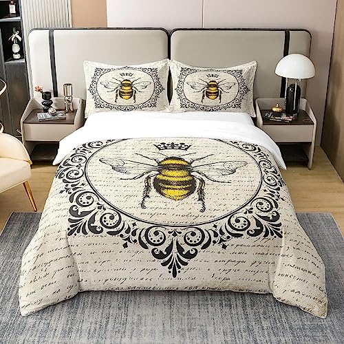 100% Cotton Sweet Honey Bee Bed Sets Cute Kawaii Animal Duvet Cover Retro Vintage Style Bedding Set Double 70S 80S Grunge Comforter Cover Old Newspaper Print Quilt Cover Breathable (No Comforter)