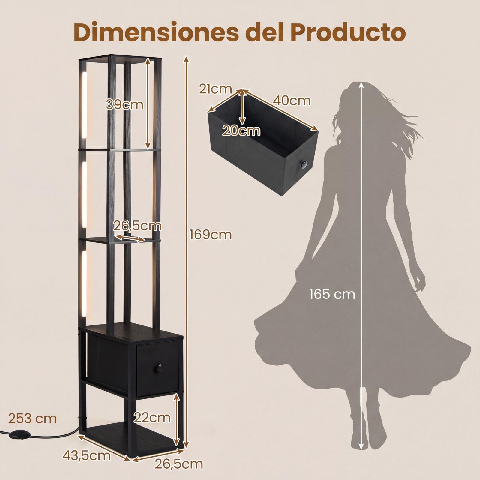COSTWAY Lámpara de Pie con Estantes y Cajón, Lámpara de Pie Moderna con Mesa Auxiliar y Brillo Ajustable, Lampara de Esquina de Madera para Salón, Sofá, Dormitorio y Oficina, (Bombilla Incluida)