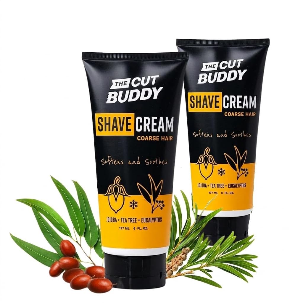 The Cut Buddy Foaming Shave Cream for Men & Women 2-Pack, Softens & Soothes Coarse Hair, Jojoba, Tea Tree & Eucalyptus, 6 Fl Oz Each – 12 Fl Oz Total