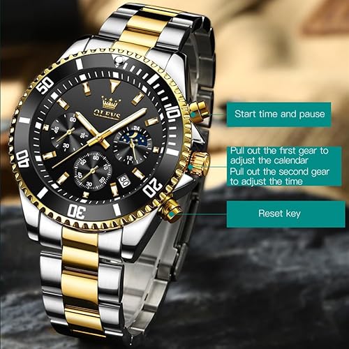 Miniatura 6 de OLEVS Relojes para hombre con fecha, relojes analógicos de acero inoxidable dorado y plateado prémium para hombre, bisel giratorio clásico para