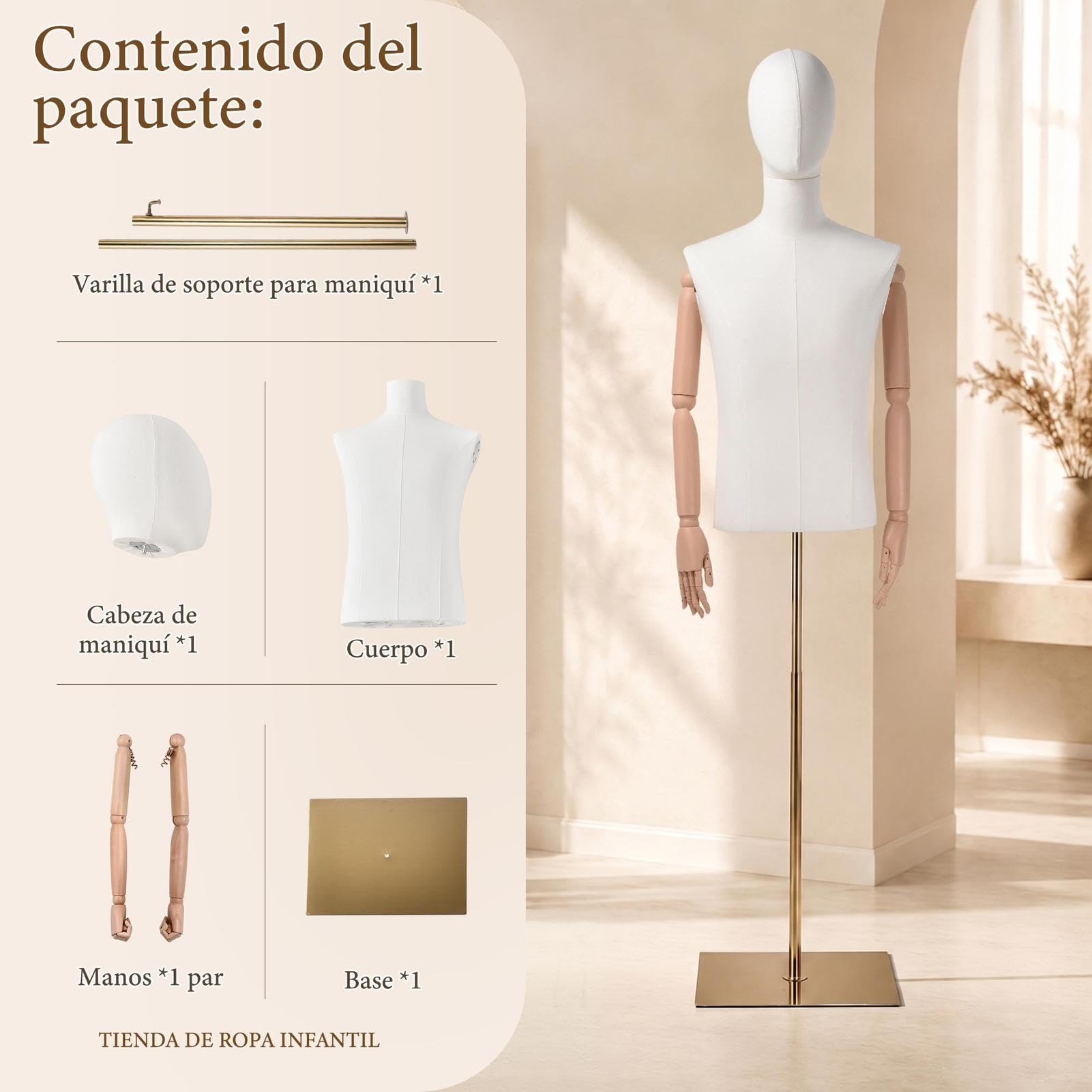 Maniqui Hombre Medio Cuerpo Ajustable 160-212 cm Capacidad de 30 kg | Brazos Robustos Tapicería de Terciopelo – para Boutiques
