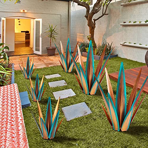 Image of KODIBO 24 inch Metal Agave Plant Outdoor Decor, Large Garden Sculpture, Blue | Rust-Resistant Finish, Hand-Painted Metal, Tequila Rustic Sculpture, Desert Steel Yard Art, Southwestern Outdoor Garden Decor