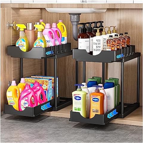 2 Pack Double Sliding Under Sink Organizers and Storage,Two Tier Bathroom Storage and organization,Under Cabinet Organizer with Hooks,Home Organization,Black Cover