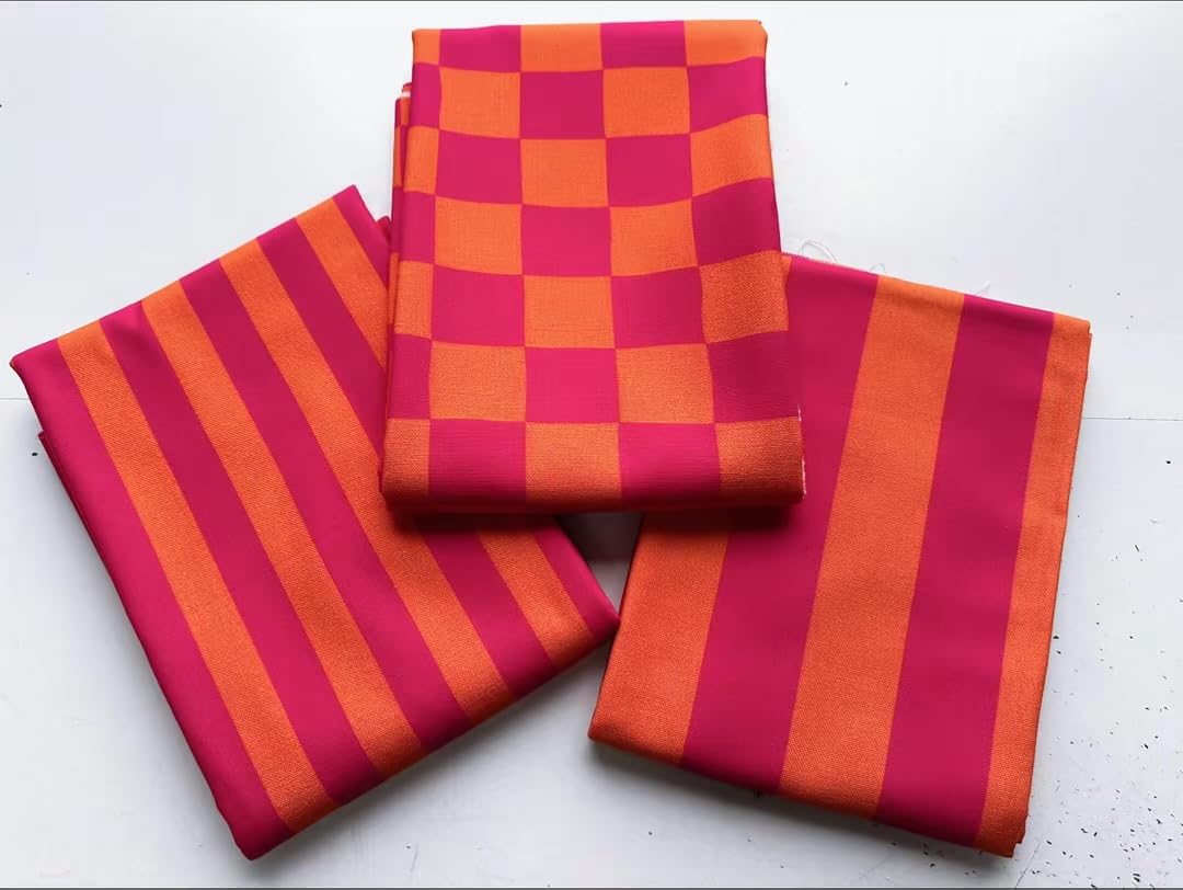 Tessuto con stampa digitale Joy a righe e quadri, per arredamento, decorazione per la casa, tende, tappezzeria, cuscini, materiale per sartoria, larghezza 140 cm, rosa e arancione (2 metri, a strisce)