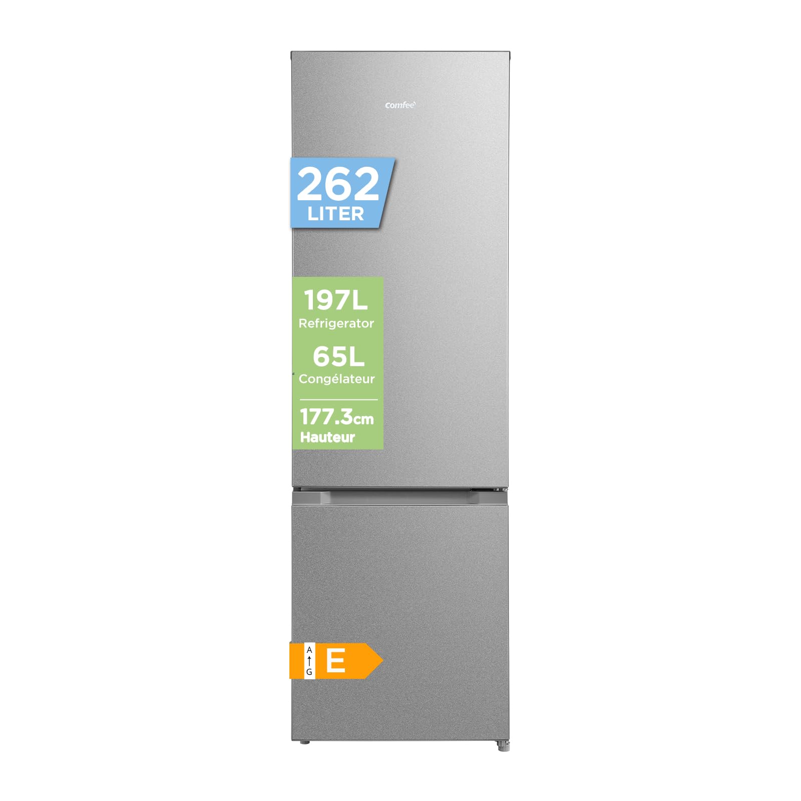 Comfee' RCB268LS2EU(E) Réfrigérateur Combiné, 262L(197+65), Grande Capacité, Low Frost, Hauteur 177,3 cm, Faible Bruit 39 dB, Éclairage LED, Température Réglable, Acier Inoxydable