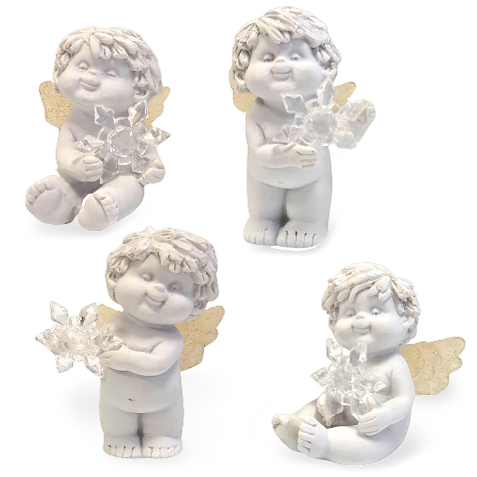 IGOR Engel mit Eiskristall, 4er Set: Mini Schutzengel Figuren, Weihnachtsengel Deko, Engelsfiguren, Weihnachtsdeko, Kleine Dekoengel, Dekofiguren Weiß, Geschenk Weihnachten, Glücksbringer Klein, 7 cm