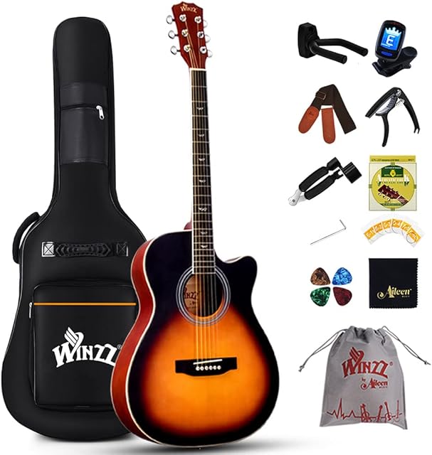 Winzz Acoustic Guitar Beginner for Adults and Children, Sunburst Folk Guitar Starter Pack Cutaway (40 Inches,Matt)