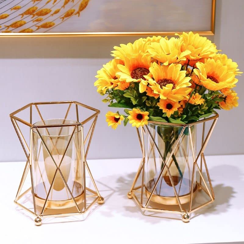 Geometric Glass Vase Gold EylKoi: 2pcs Vases Home Decor Terrarium Crystal Vases for Flowers Modern Pillar Glass Hurricane Candle Holders Decor Wedding Centerpieces for Home Bathroom Dining Table - Image 4