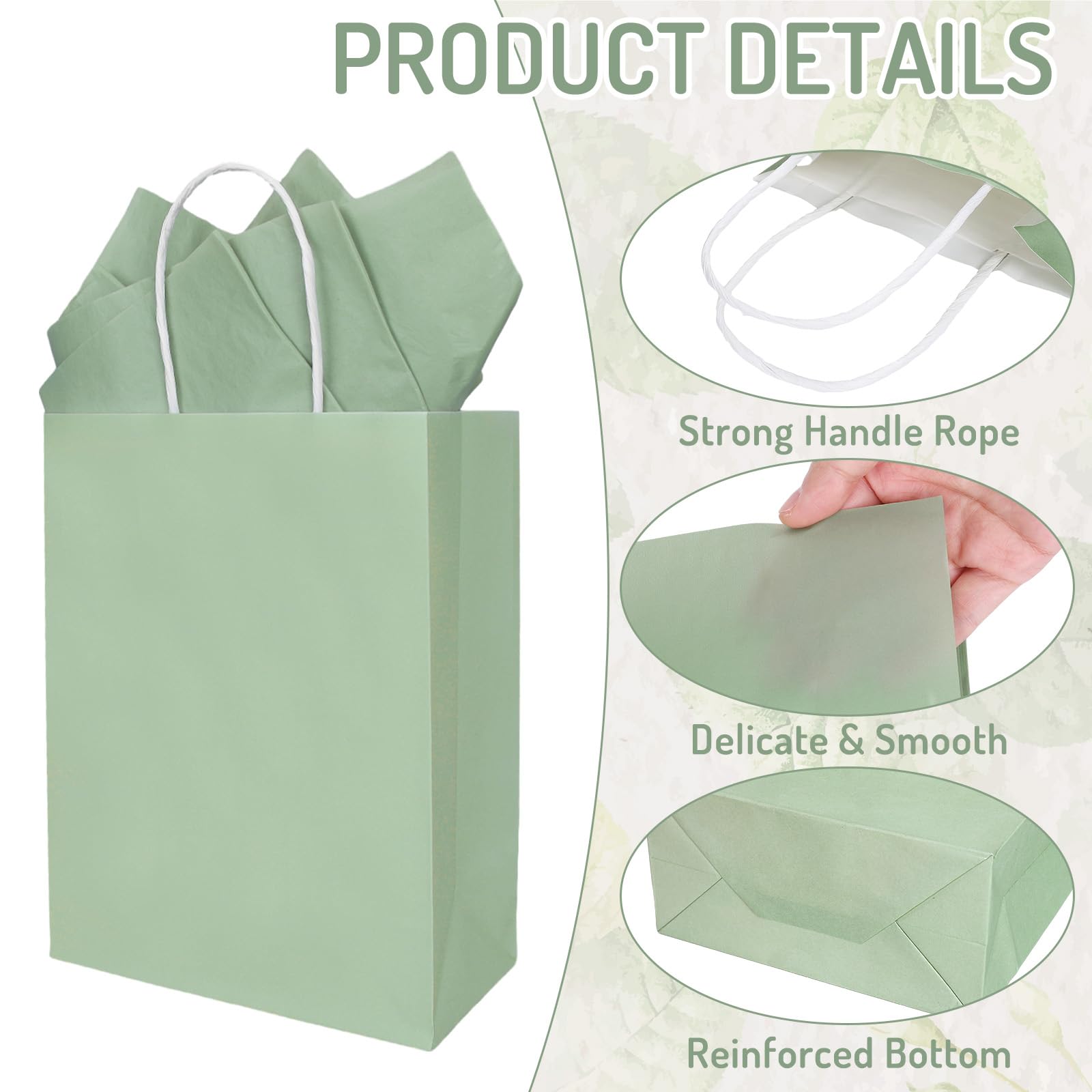 Whaline 36 Pcs Sage Green Paper Gift Bags with Tissue Paper Gradient Green Party Favor Bags with Handle Goodie Candy Treat Bag for Mother's Day Wedding Birthday Baby Shower One Lucky Duck Patry