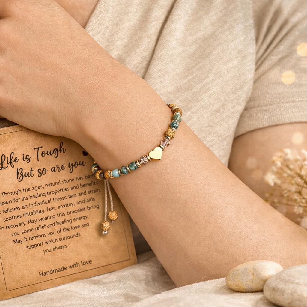 Easter Basket Stuffers Gift for Her Inspirational Healing Bracelet for Women Get Well Soon, Easter Egg Fillers Essentials Christmas Baptism Birthday Strawberry Quartz Jasper Turquoise Mom with Message - Image 2