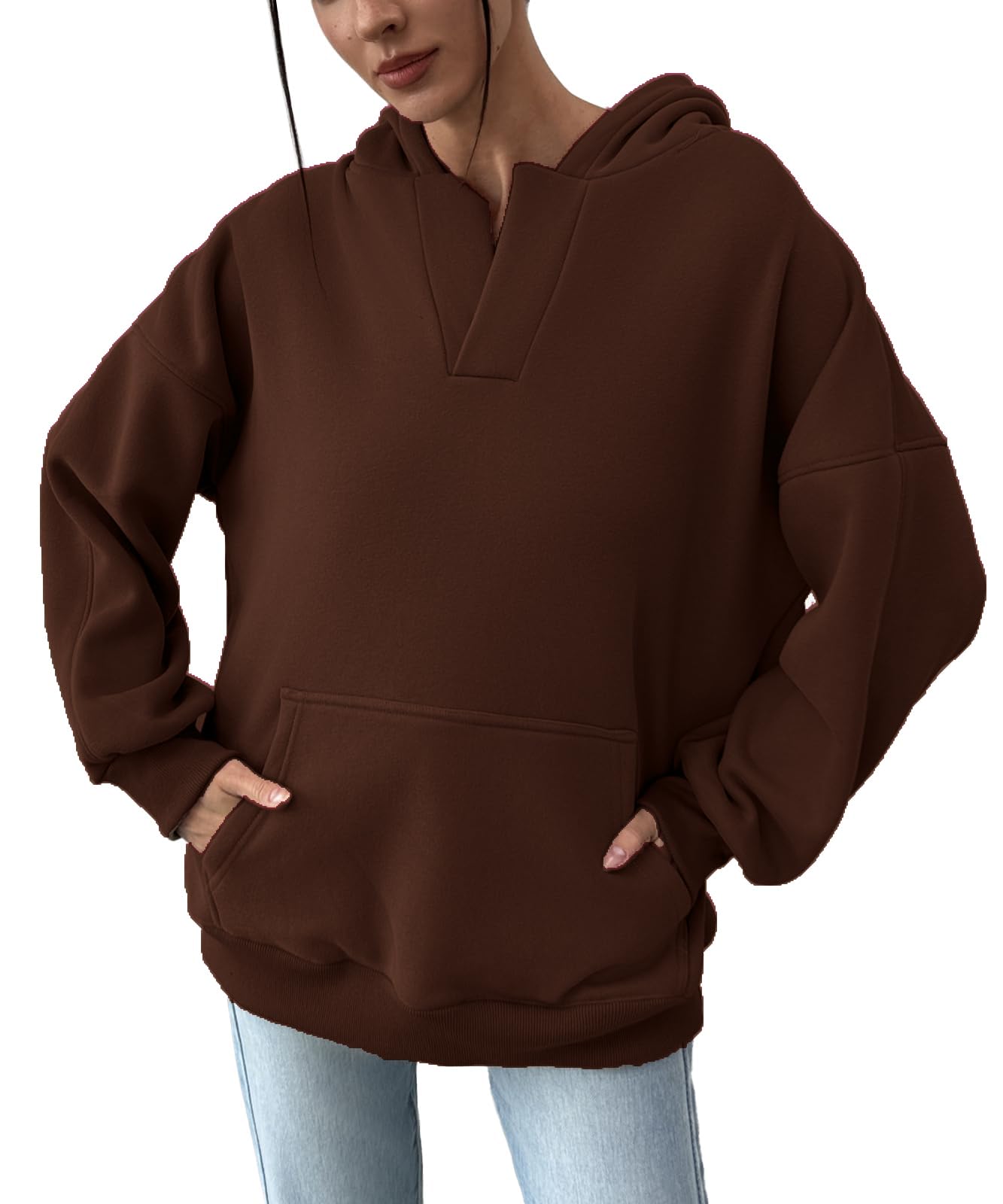 PAODIKUAI Women's Oversized Hoodies V Neck Pullover Fleece Sweatshirt Long Sleeve with Pocket Casual Winter Fall Outfits
