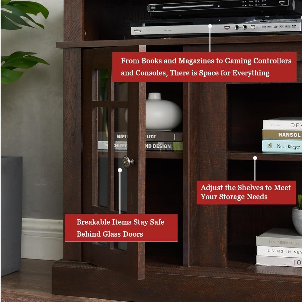 Traditional 58'' TV Console, Entertainment Center Table with Open Shelves and Farmhouse Glass Door Media TV Cabinet Stand for TVs up to 65 Inches-Sedona, (Espresso, 58" TV Stand/W Glass Door)
