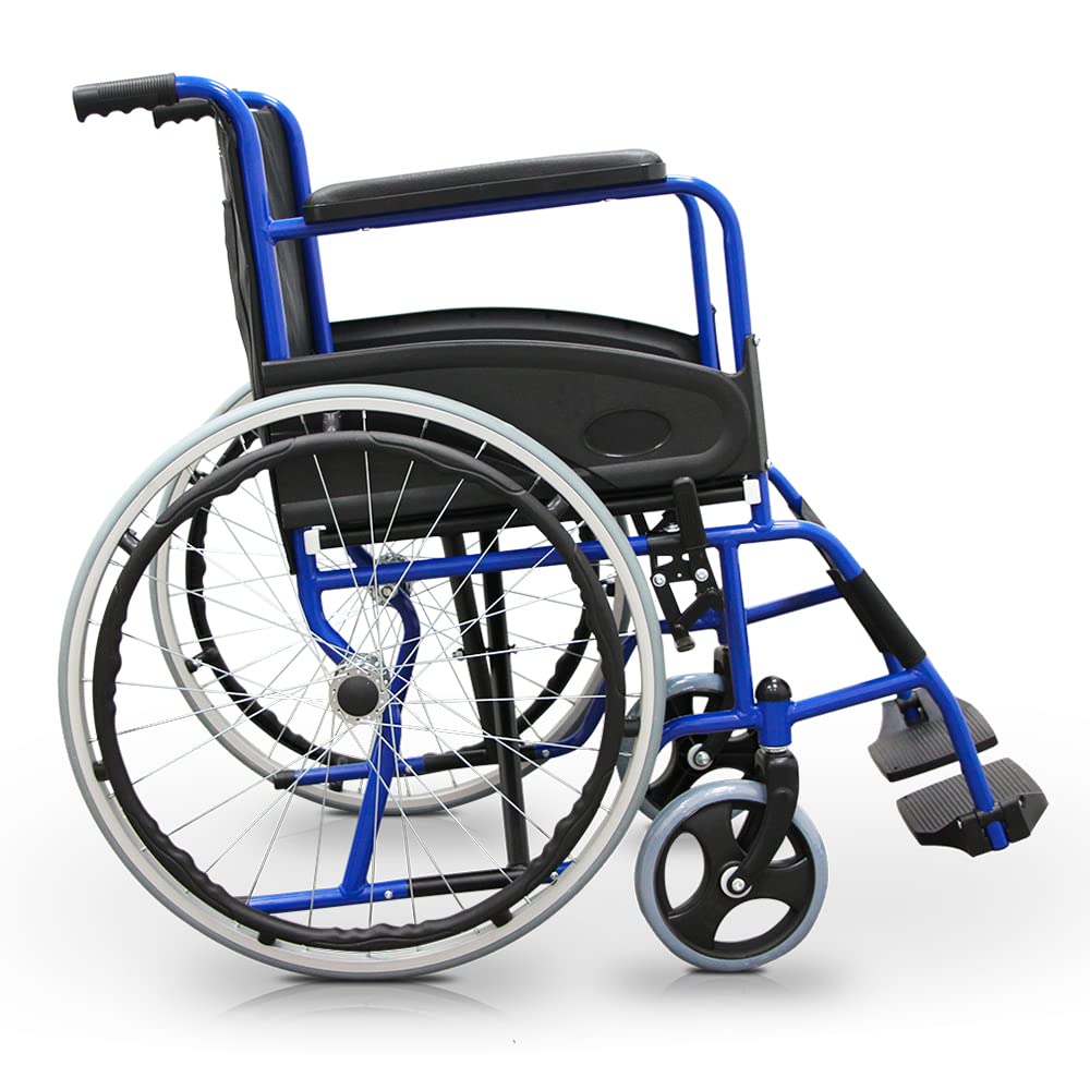QUIRUMED Silla de Ruedas Plegable, Acero, Basic Colors, Azul, 46cm | Manual, Reposapiés Abatibles, Freno Manual