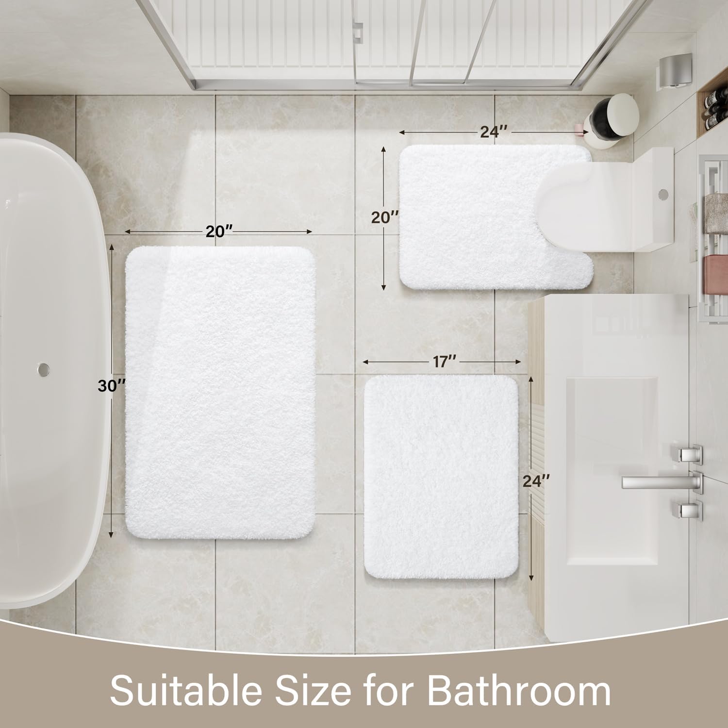 LOCHAS Bathroom Rugs Sets 3 Piece, Microfiber Bath Rug Set Non Slip Washable, Shaggy Toilet Rug Set Absorbent, Soft Cozy Bath Mat Set Quick Dry, White