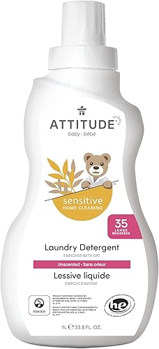 ATTITUDE Detergente para ropa de bebé para pieles sensibles hipoalergénico sin tintes sin perfume compatible con HE sin fragancia 338 onzas líquidas