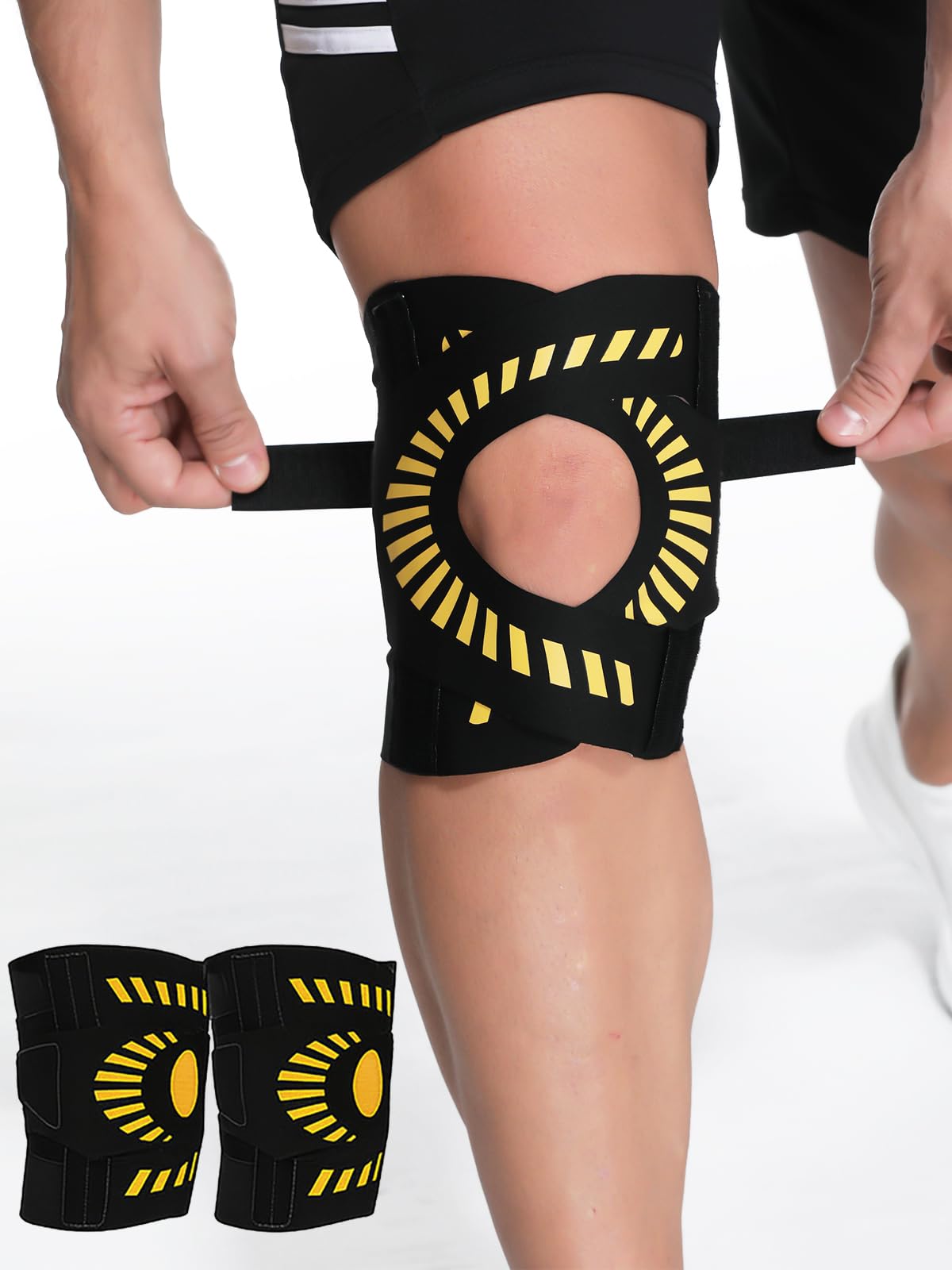 Quick-Wrap – Lot de 2 genouillères réglables pour homme et femme avec 4 stabilisateurs à ressort en métal, rotule ouverte, sangles en X, compression respirante pour la course, la gym, le