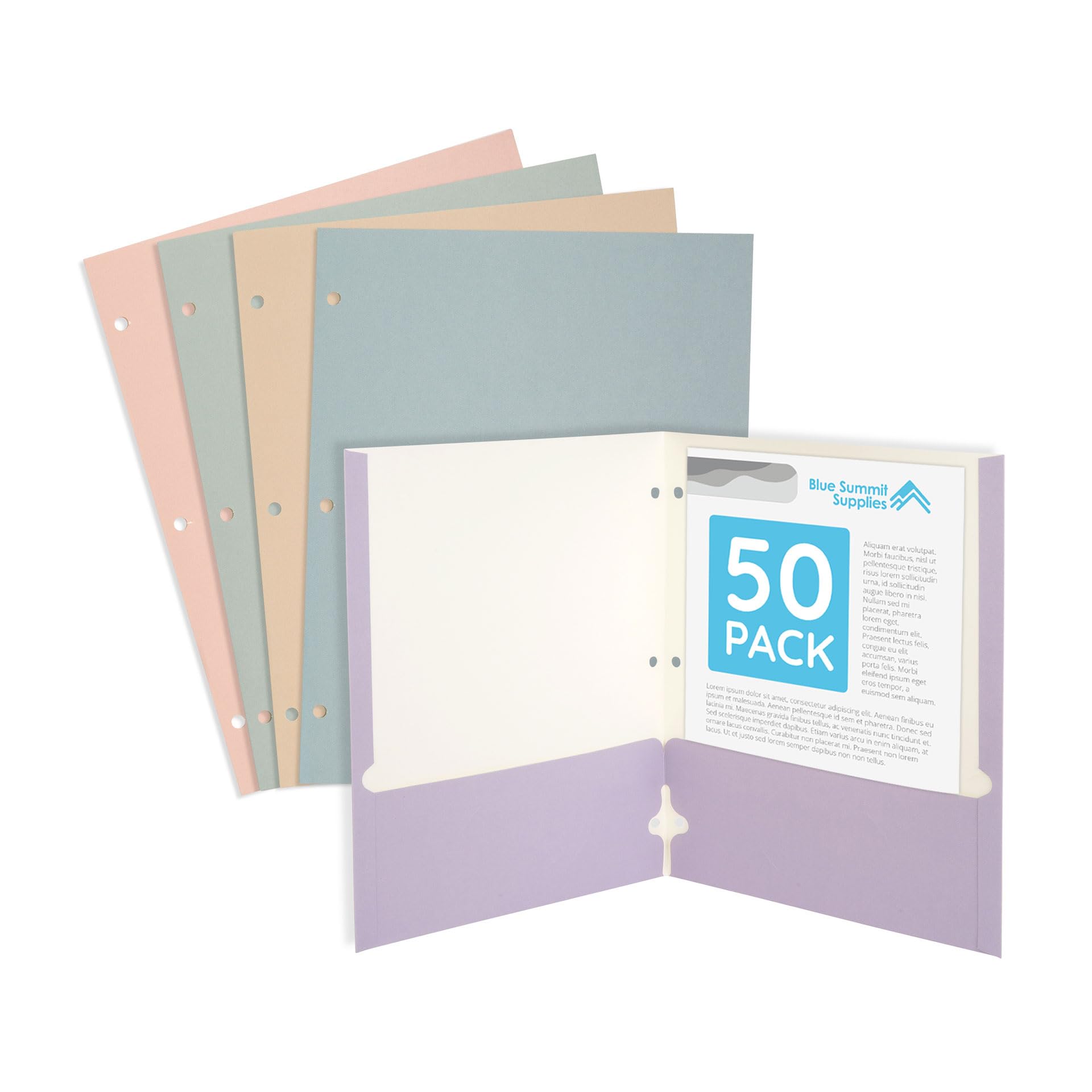 Blue Summit Pastel Colored Folders with Pockets, Paper Colored Pocket Folders, 3 Hole Punched, Two Pockets for Documents with Business Card Slot,