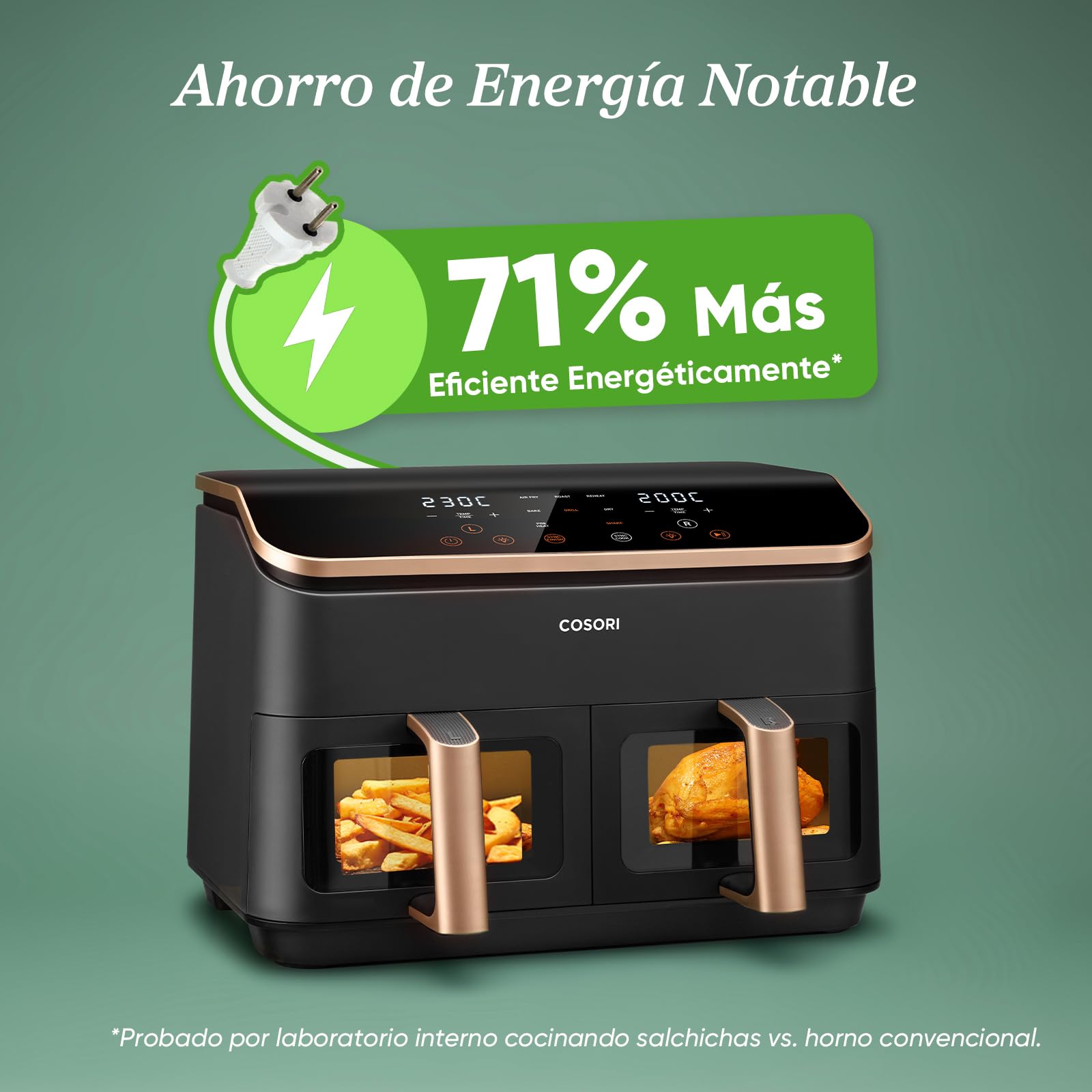 Cosori Freidora de Aire 8,5L, Doble Cesta con Ventana, 10 Funciones, Oro | Ventana para Ver Fácilmente, Interior Metálico Más Seguro, 2 Platos a la Vez, Alta Potencia y 55% de Eficiencia, Bajo Ruido