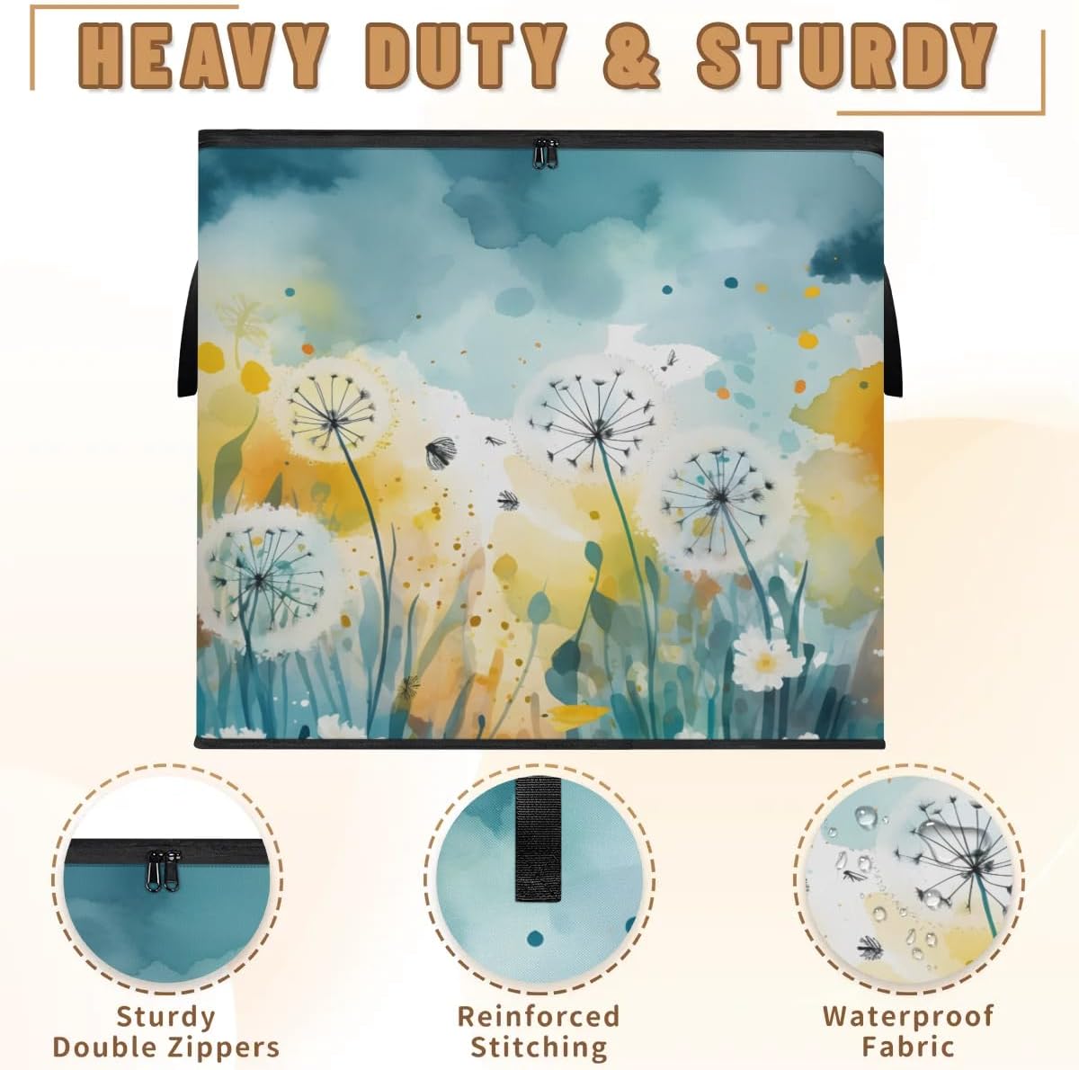 Honeybaby 214L Extra Large Comforter Storage Bag Dandelion Watercolor Floral Storage Totes with Lids Waterproof Closet Organizer Folding Blanket Storage Bags for Clothes Bedding Pillows