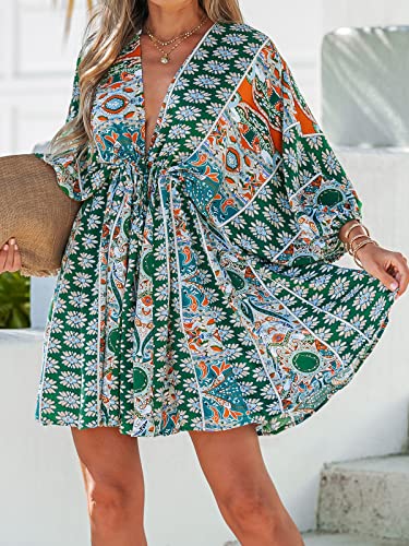 CUPSHE Women Casual Boho Sundress Summer Floral Print Tie Front Dress 3/4 Sleeves Paisley Beach Mini Dresses4