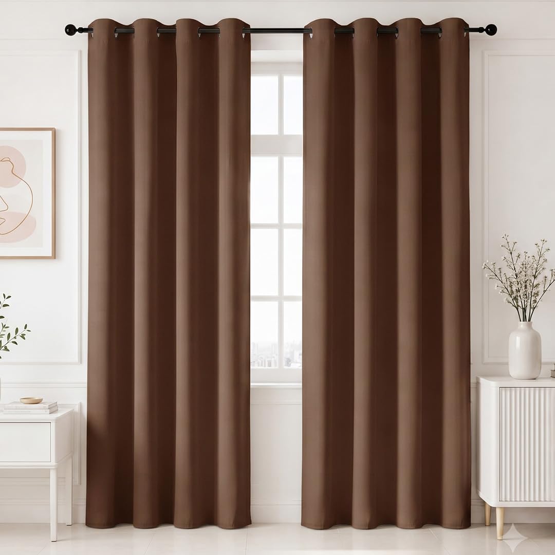 HOMEMONDE 100% True Blackout Curtains 10 Feet for Long Door Pack of 2 - Faux Silk Blackout Thick Curtain for Living Room, Bedroom, Room Privacy and Thermal Insulation - (Dark Brown, 304x118 CM)