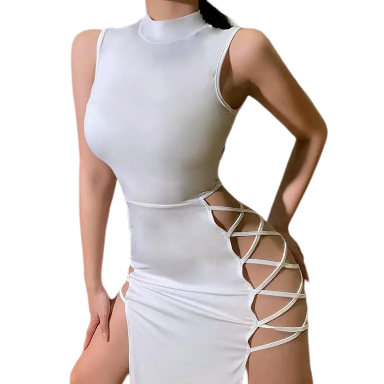 Vestito Elegante Donna Bodycon Midi Abito Slim Fit Collo Rotondo Estivo Nero Bianco Colore Festa Casual Giornaliero-Black-l
