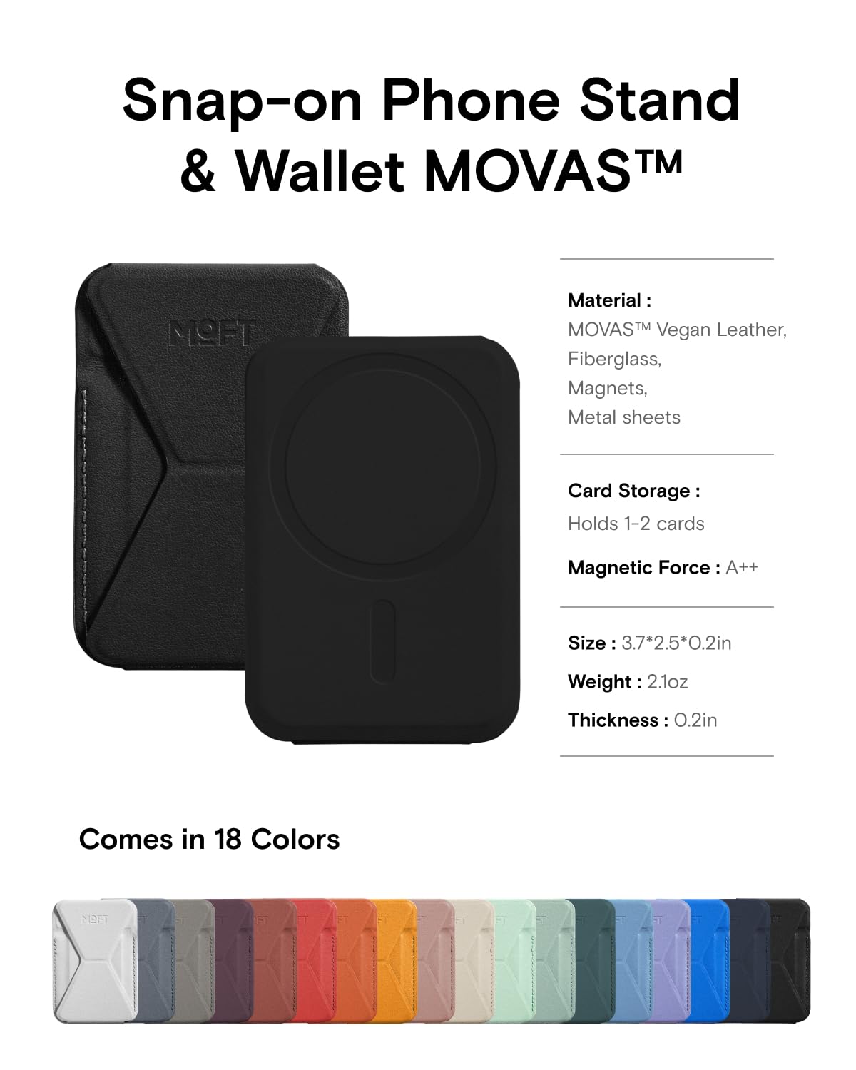 MOFT MagSafe Portafoglio Supporto per iPhone Serie 16/15/14/13 Compatibile con MagSafe, MOVAS Pelle Vegana Supporto Magnetico per Telefono con 3 Angoli di Visione, 2 Porta Carte (Nero Jet)