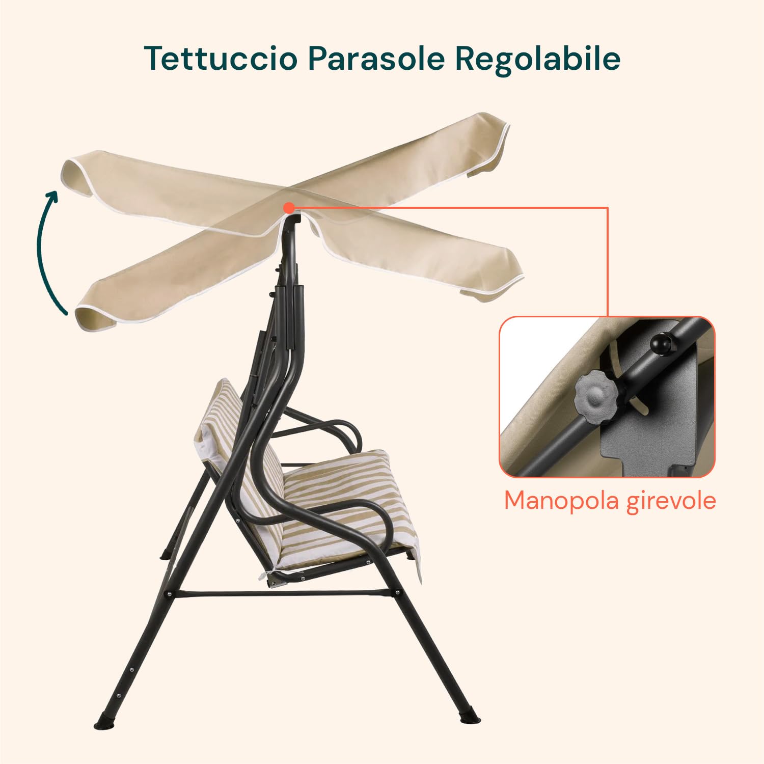 Avilia Dondolo da Giardino 3 Posti con Tettuccio – Dondolo da Esterno in Acciaio Antracite con Seduta Beige, Struttura Robusta e Parasole Regolabile per Patio, Terrazzo, Veranda