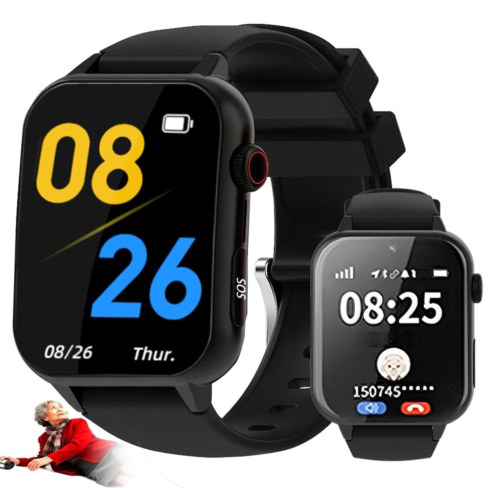 Montre Connectée Avec Détection De Chute Pour Seniors - Alerte Sos, Suivi Gps, Appel D'urgence,Surveillance De La Santé, Ip67, Pour Les Personnes Atteintes De Démence/Maladie D'alzheimer Black