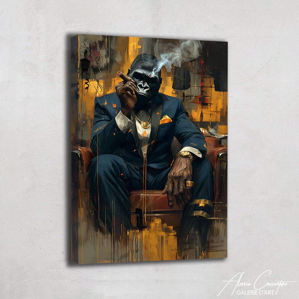 Alessio Cacciatore Quadro Gorilla Sigaro Con Cornice - Poster Arte Urbana - Quadro Street Art Mafia - Idea Regalo Adolescente Ragazzo 17 Anni - Stampa su Tela Scimmia - Decorazione animale da parete