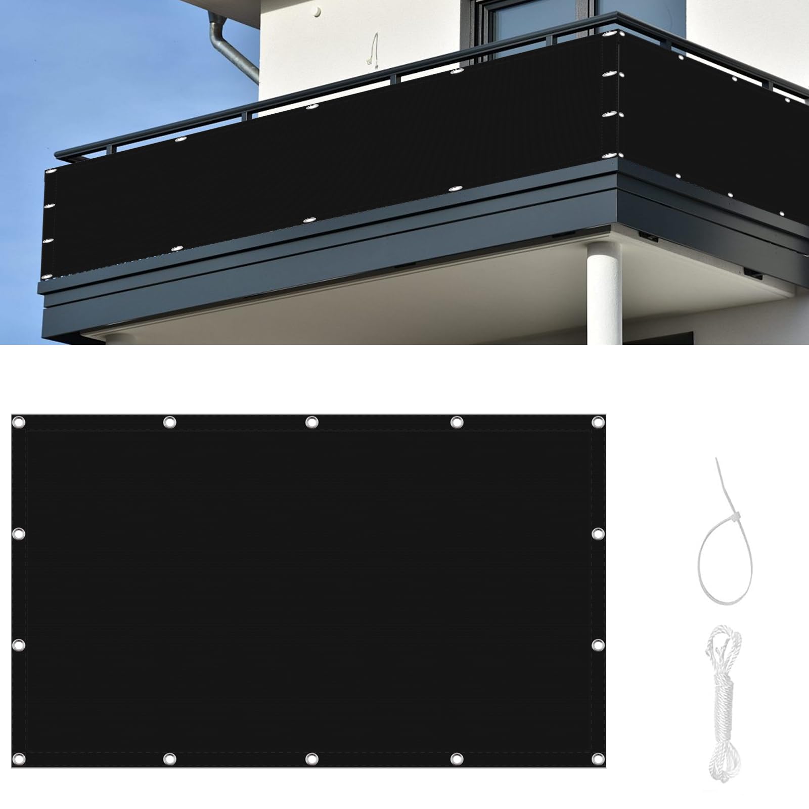 Telo Frangivisto 50 x 325 cm Anti-UV, Oscurante, Résistant Au Vent, Antistrappo Protezione Privacy Balcone con Occhielli, Fascetta per Terrazza, Nero