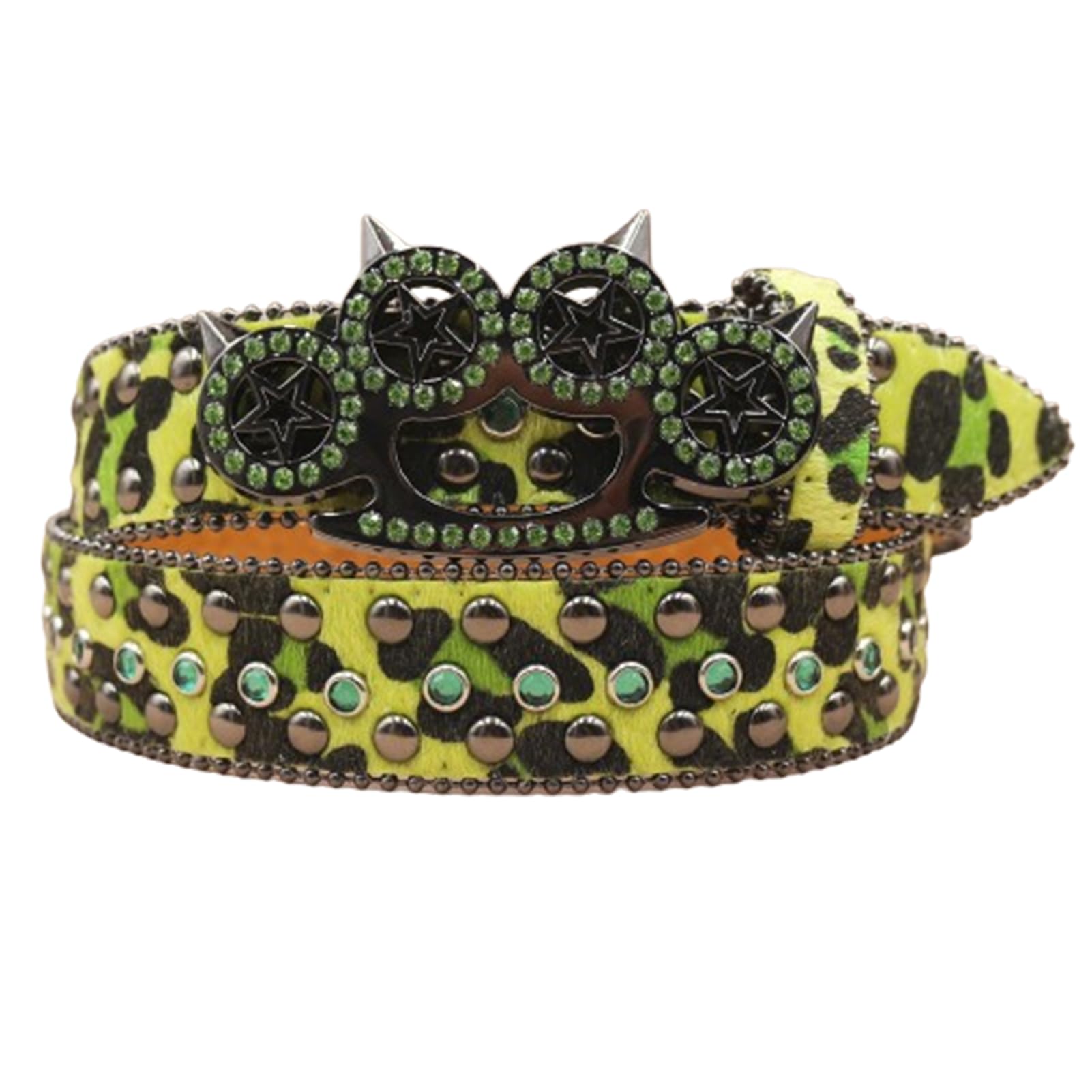 Ledergürtel für Damen, bedrucktes Muster, Westerngürtel für Damen und Herren, glänzende Katzenkralle, hohle Strass-Nietenschnalle (125 cm/49 Silber)