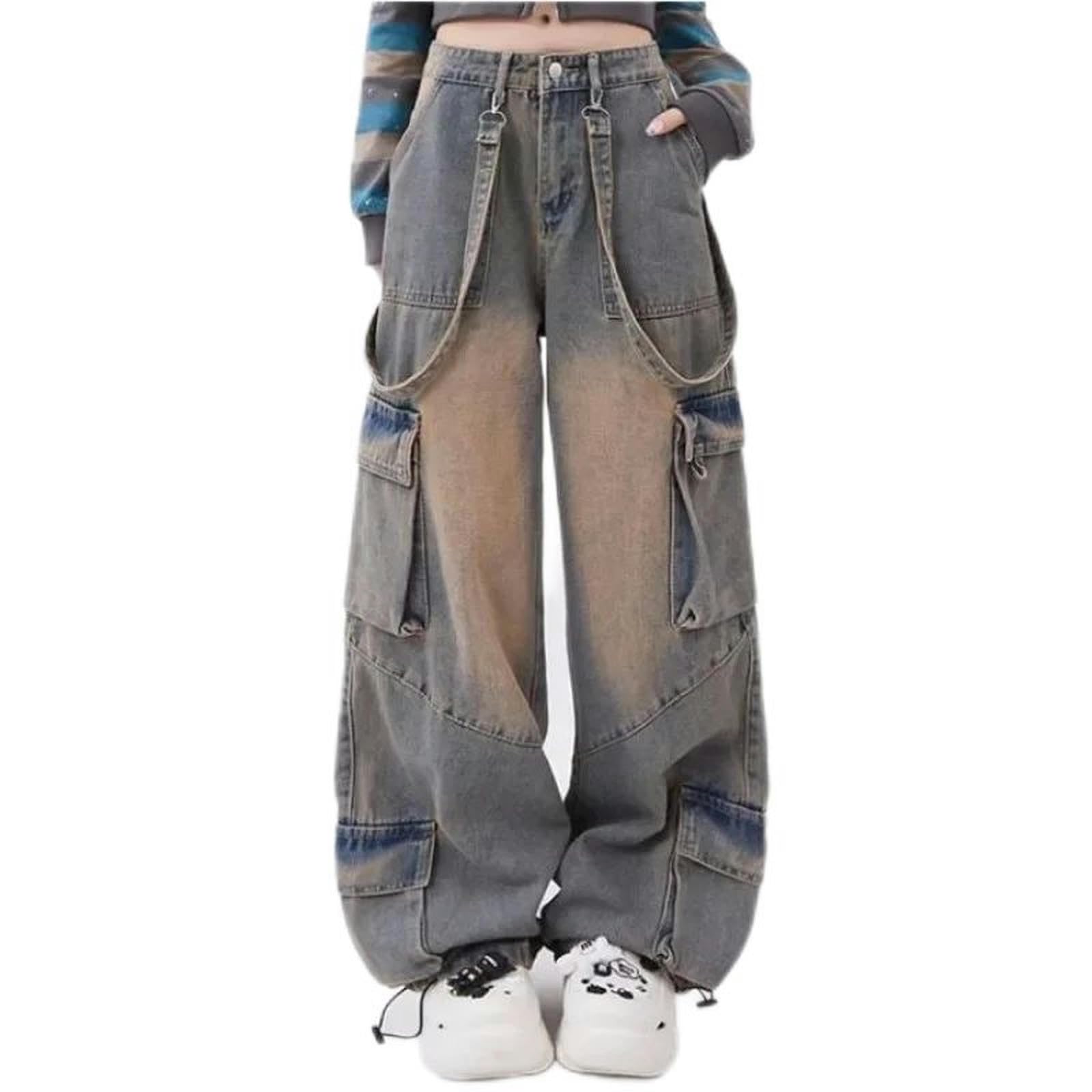 Femmes Taille Haute Style de Rue Poches Jean Droit Pantalon Baggy Femme Jambe Large Baggy Y2K Grunge Denim Pantalon-Bleu-M