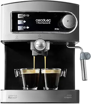 Cecotec Cafetera Express Manual Power Espresso 20. 850 W, Presión 20 Bares, Depósito de 1,6L, Brazo Doble Salida, Vaporizador, Superficie Calientatazas, Acabados en Acero Inoxidable