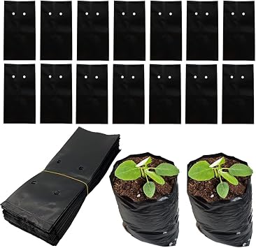 DredQcco 100PACK Plant Grow Bags,Thicken PE Seedling Bag Fruit Tree Seedling Cup Bonsai Planting Bag with Breathable Holes for Garden Black Planting Bags Nursery Bags 4.7 Dia x 8 H