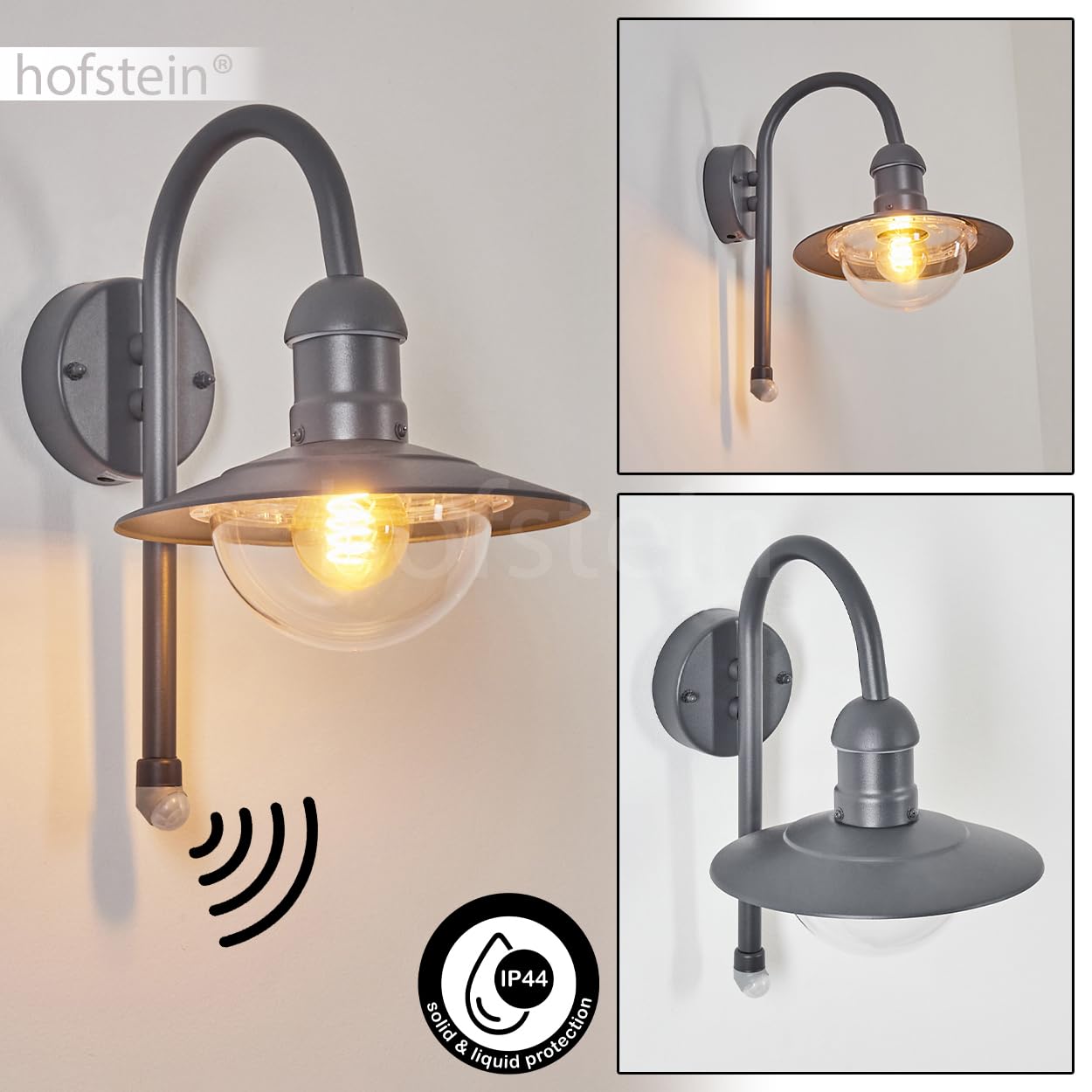 HOFSTEIN Außenwandleuchte Elima, Außenwandlampe mit Bewegungsmelder aus Metall/Kunststoff in Anthrazit/Klar, Wandleuchte Down außen im Retro/Vintage-Stil, E27, IP44, Eingangsbereich, Terrasse, Haustür