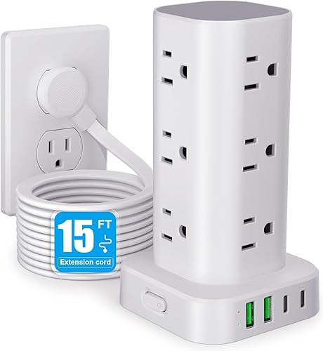 Miniatura 14 de Regleta de alimentación con cargador inalámbrico, protector de sobretensiones de enchufe plano con cable de extensión de 6 pies, 12 tomas de