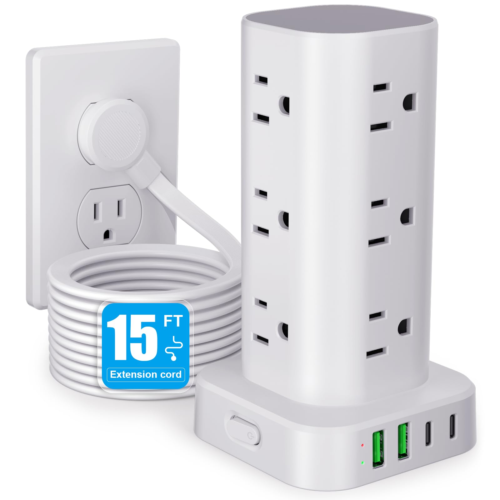 Power Strip Tower with Multiple Outlets, Flat Plug Surge Protector Tower Extension Cord with 12 AC Outlets 4 USB Ports (2 USB C), 6FT Cord Power Tower Surge Protector for Home Office Dorm Room, White — view 15