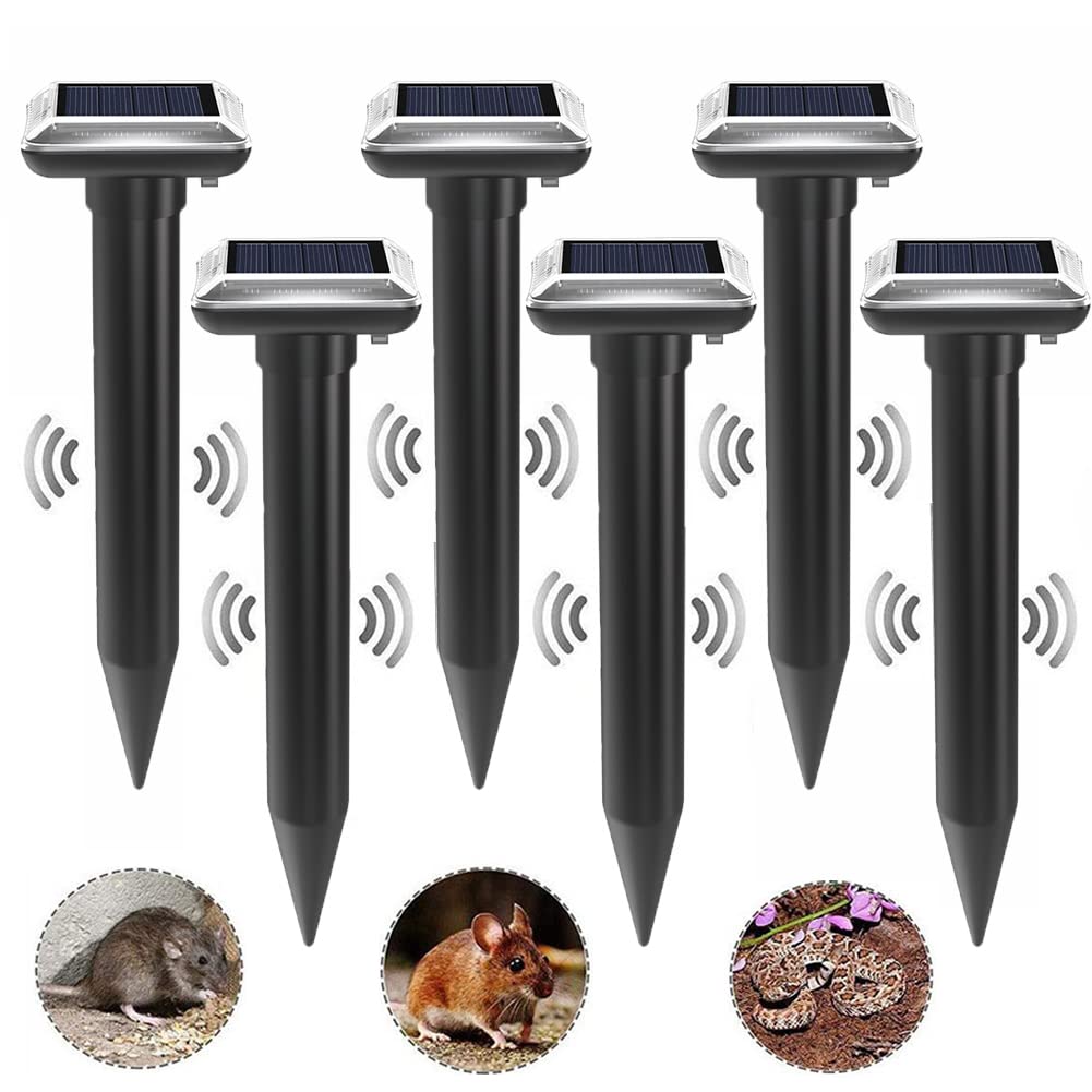 MOREIH Solar Mole Repeller Gopher Repellent Ultrasonic Solar Powered Groundhog Vole Trap Snake Rodent Deterrent Control Spikes for Outdoor, Lawn, Yard, 6Pack