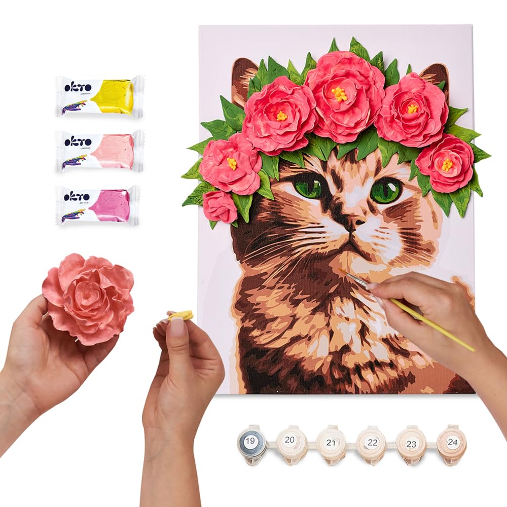 Okto & Ideyka 30010 - Juego de modelado 3D y pintura por números - Elegante gatito - Kit para creatividad y decoración - Arte sensorial - Pintura acrílica y arcilla seca al aire - Tamaño del marco 30