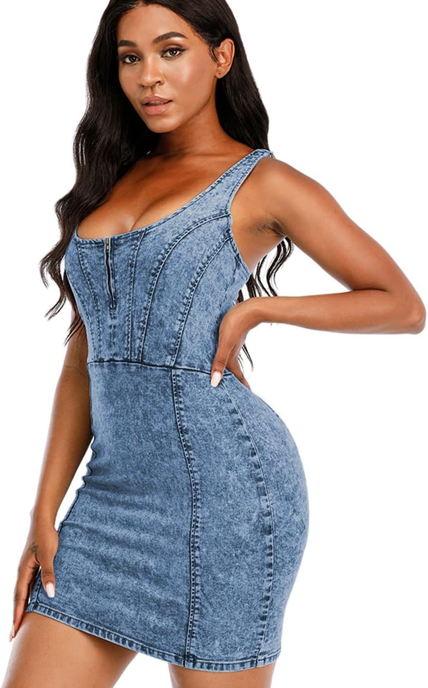 Women's Denim Dress Sexy V Neck Bodycon Sleeveless Jeans Short Dresses - Image 4