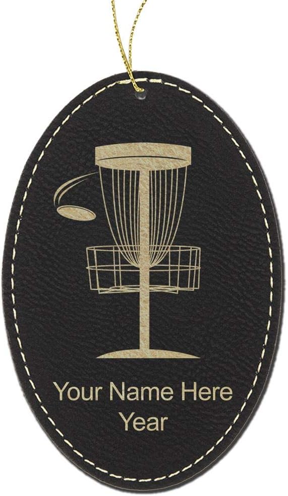LaserGram Personalized Christmas Ornament, Disc Golf, Faux Leather, Custom Laser Engraved Gift Idea (Oval Shape, Black with Silver)