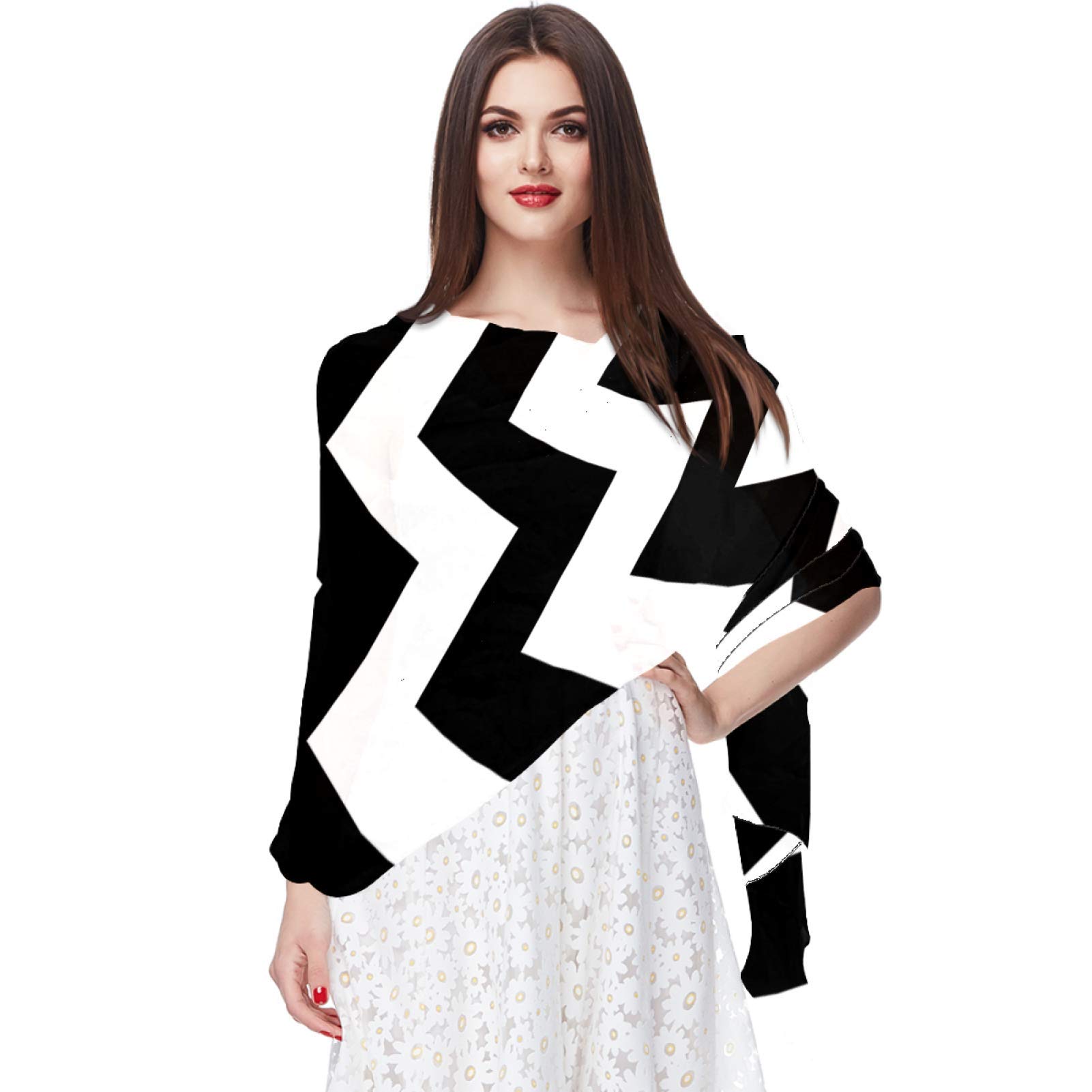 Black White Chevron Zigzag Women Soft Chiffon Pashmina Shawl Wrap Scarf for Bridesmaid Wedding Formal Party Evening Dress