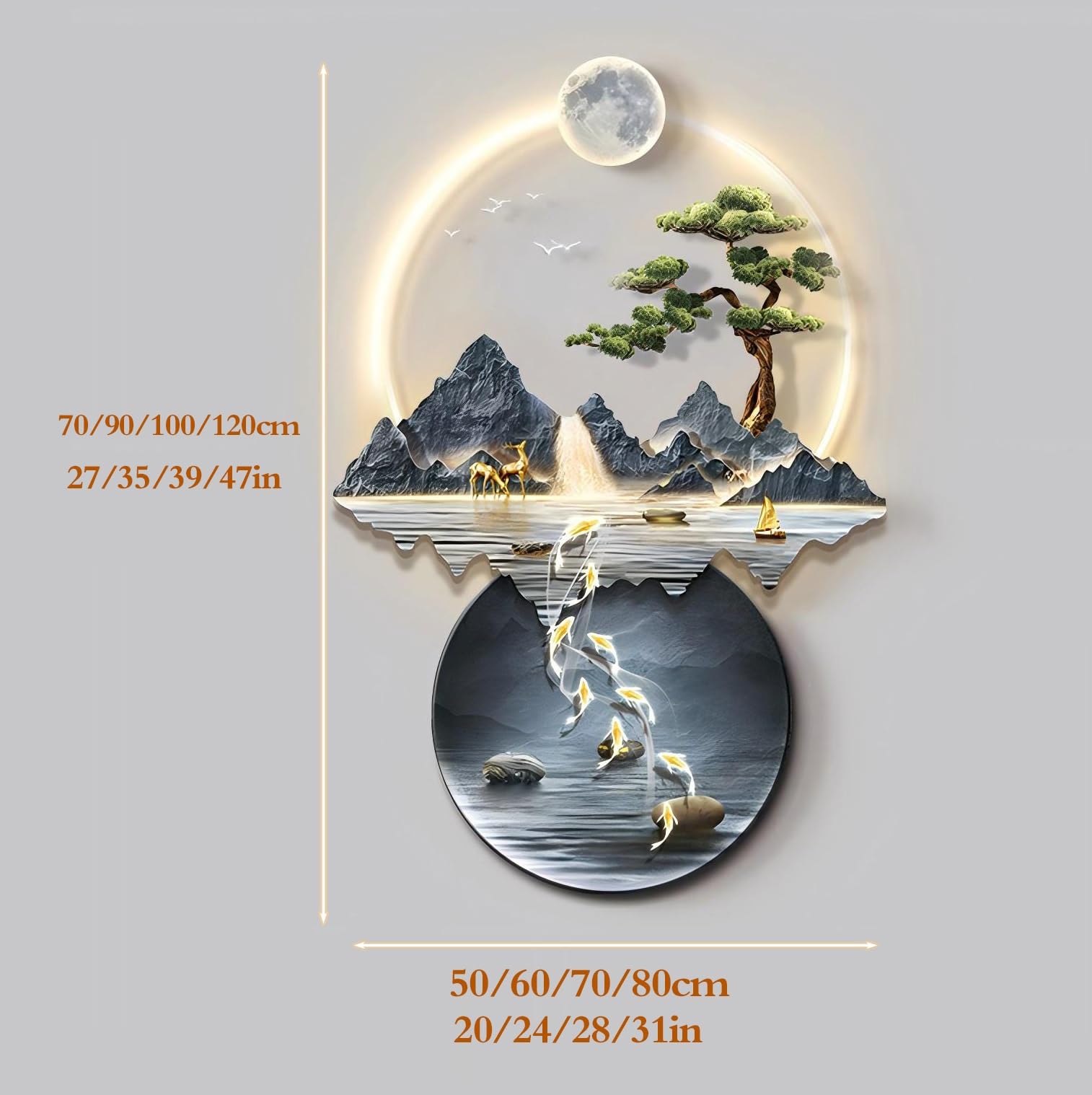 Décoration murale LED 3D en relief - Feng Shui - Lampe décorative suspendue salon, entrée, couloir (marron, 60x90 cm)