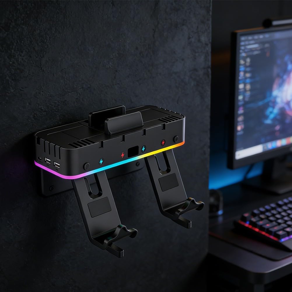 Supporto da parete RGB per Nintendo Switch con 15 modalità di illuminazione, 4 caricabatterie per controller e 2 porte USB, organizer per schede di gioco, supporto per console ABS