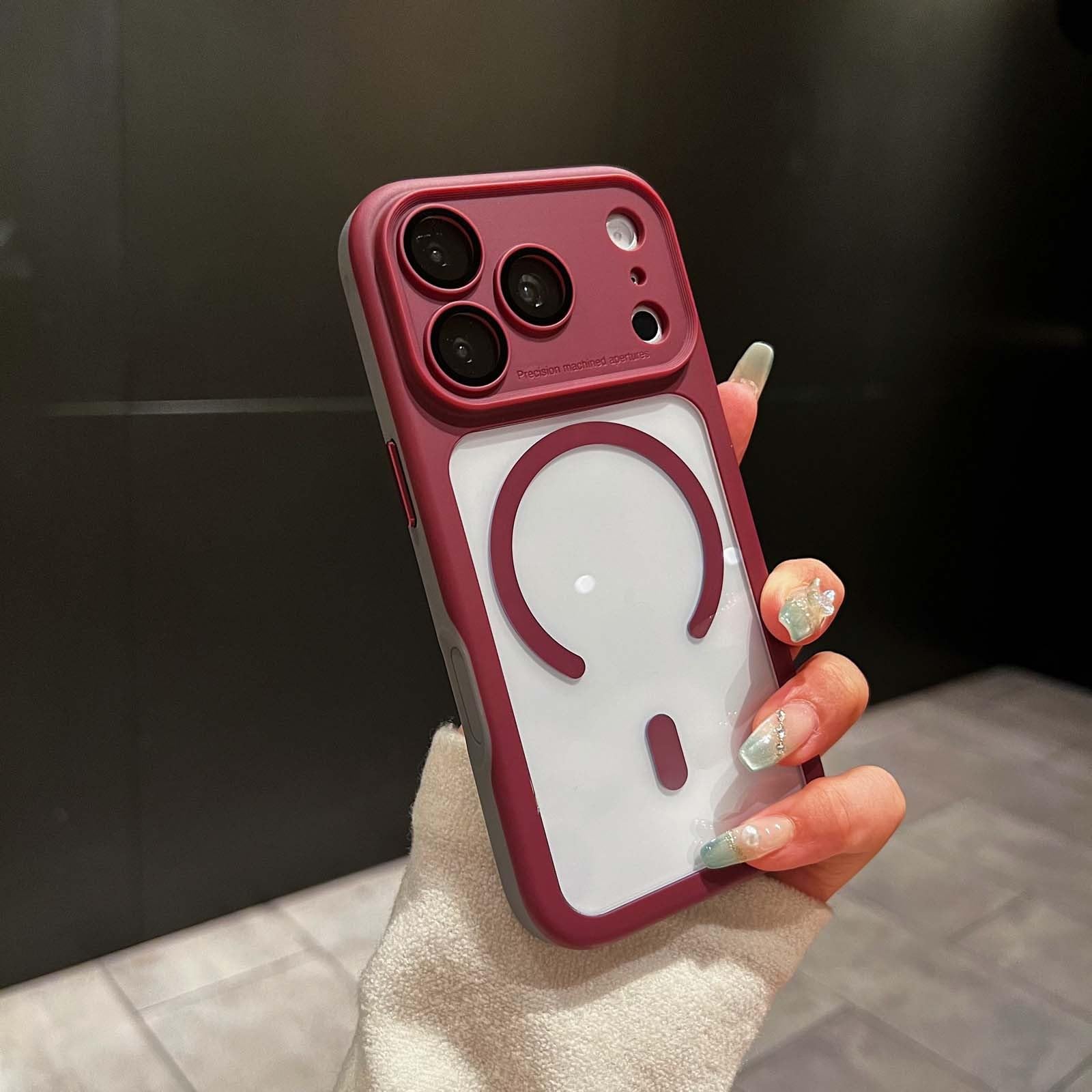Generic Funda compatible con iPhone 15 Plus (color: rojo vino) funda magnética a prueba de golpes de silicona rígida transparente