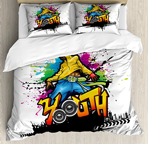 Ambesonne Youth Duvet Cover Set, Young Man Hip Hop Culture Graffiti Art and Street Culture Performer Colorful Grunge, Decorative 3 Piece Bedding Set with 2 Pillow Shams, Queen Size, Yellow Blue