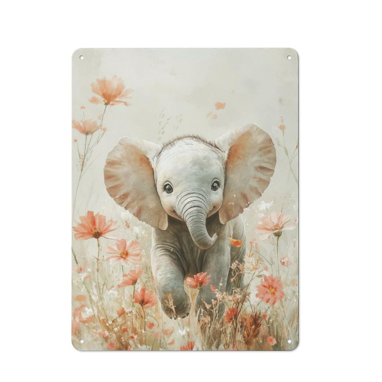Junmoney Baby Elephant In Flowers Metal Plaque 40X30cm With For Garage Wall, Retro Decor, Housewarming Present For People Styling Garage