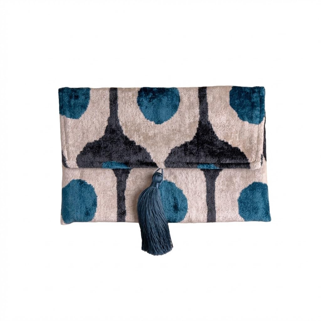 Bolso Ikat de terciopelo de seda hecho a mano, estilo sobre, diseño bohemio, patrón étnico, opción de correa de cadena, bolso de mano de fiesta de noche, bolso de mano de alta calidad, color