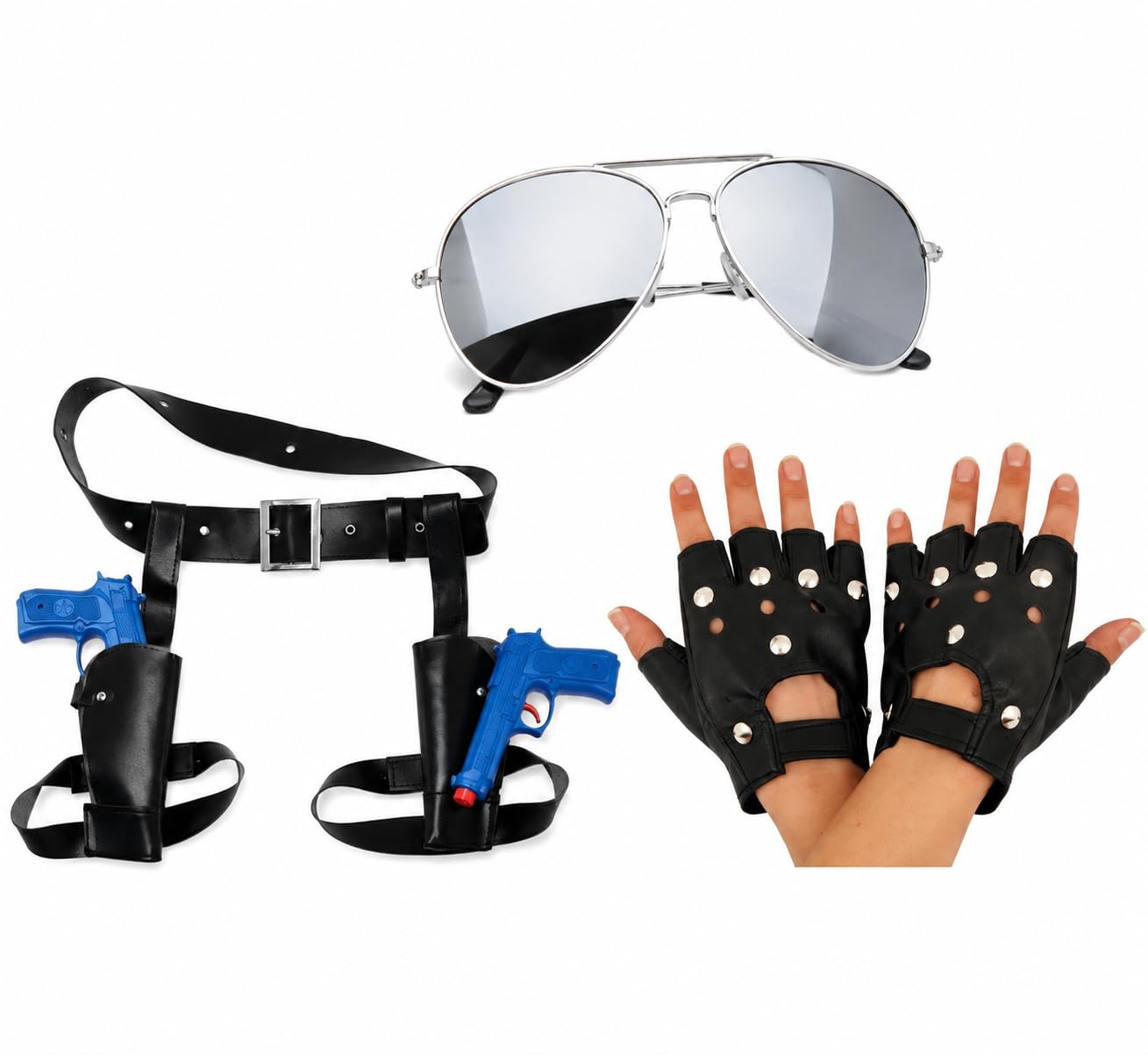 jokeshop Lara 3pc Set (Double Thigh Holster with Guns, Glasses & Gloves) Temple Raider Treasure Hunter Fancy Dress